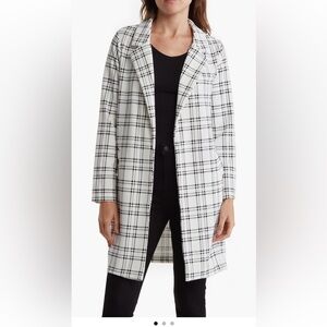 Black and White Plaid Trench Coat with Notched Lapels